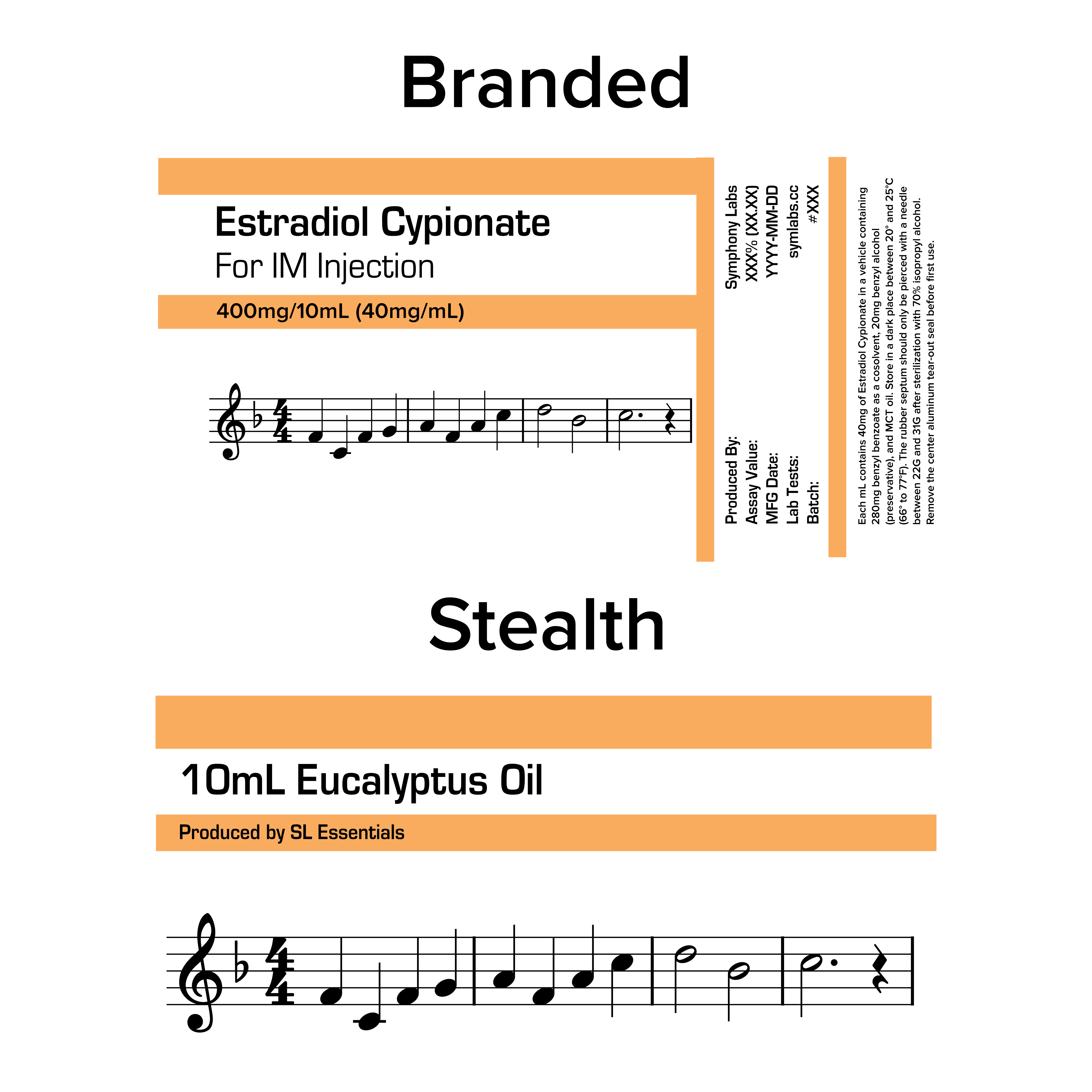 Estradiol Cypionate label, featuring a musical score. The stealth label is listed as Eucalyptus Oil.